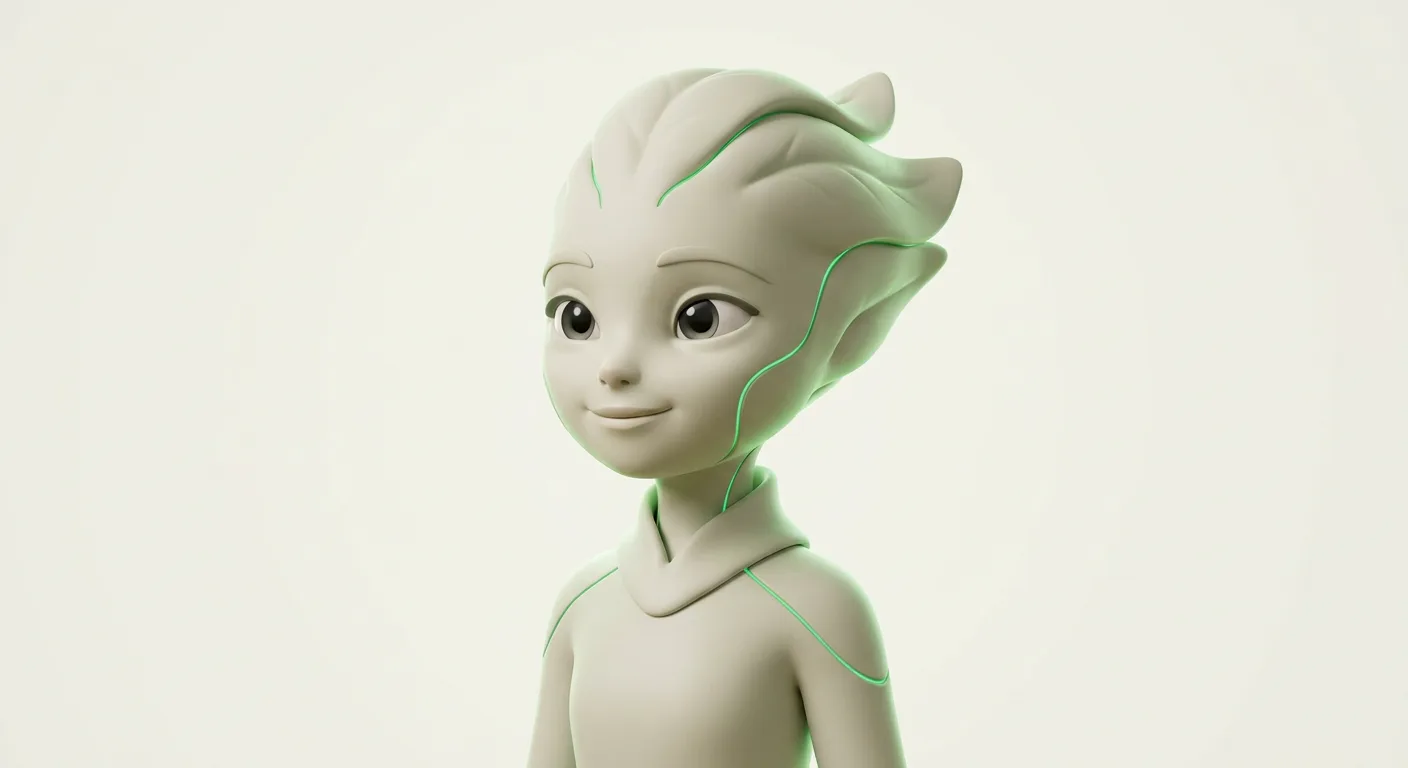 Nera, the Nesra companion: a slender figure in pale sage, smiling gently